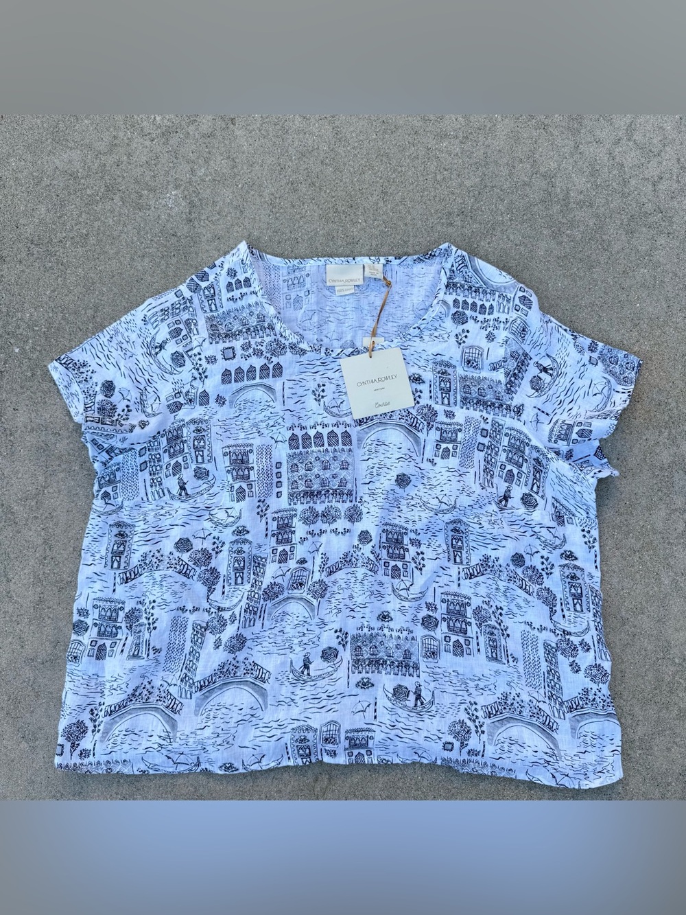 Cynthia Rowley 100% Linen Venice Italy Print Short Sleeve Blouse, Women's 2X new